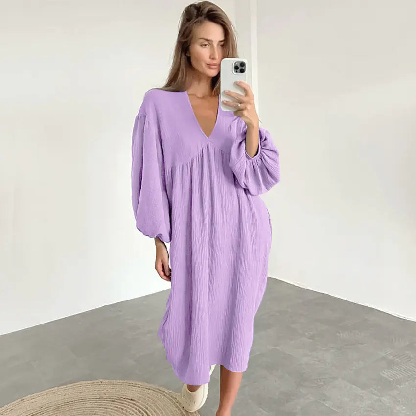 Vestido de Dormir de Manga Larga con Cuello en V - tidovo