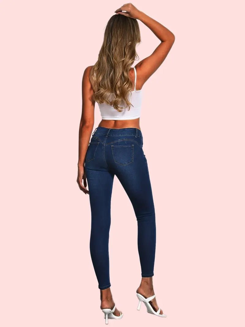 Jeans Ajustados Azules de Tiro Alto  con Bolsillos Slash - tidovo