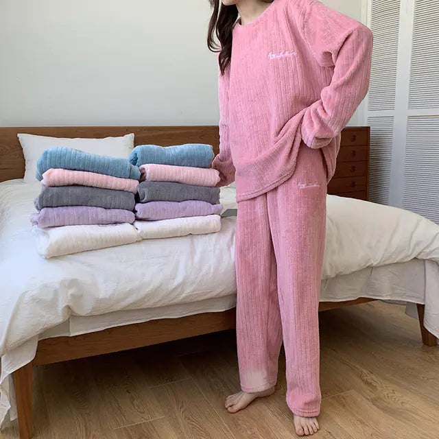 Conjunto de Pijamas de Forro Polar Coral a Rayas - tidovo
