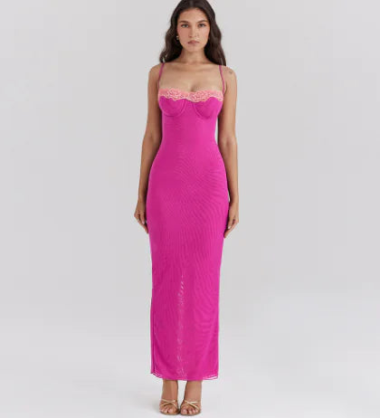 Vestido Largo Ajustado con Tirantes Finos de Encaje - tidovo